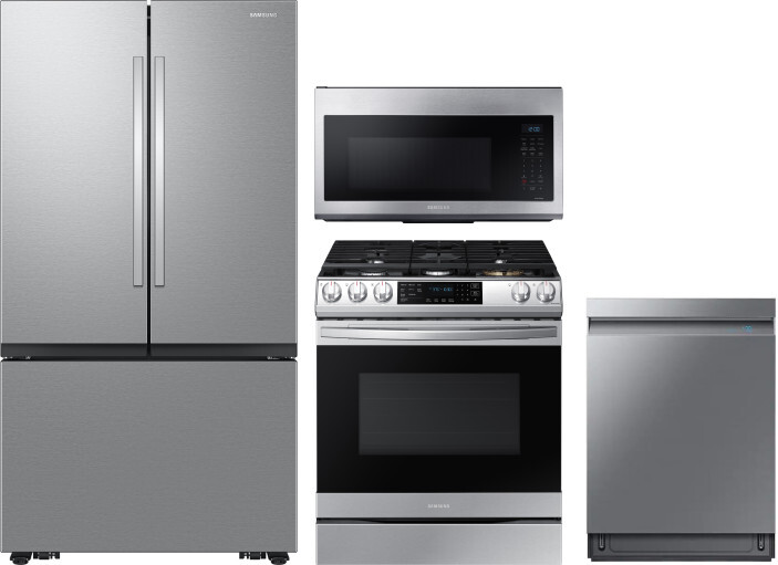 Samsung 4 Piece Kitchen Appliances Package with French Door Refrigerator, Gas Range, Dishwasher and Over the Range Microwave in Stainless Steel SARERA