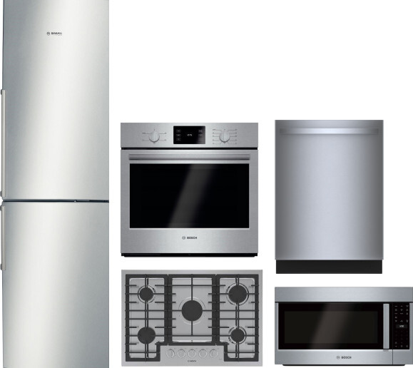 Bosch 500 5 Piece Kitchen Appliances Package with Bottom Freezer Refrigerator, Dishwasher and Over the Range Microwave in Stainless Steel BORECTWODWMW