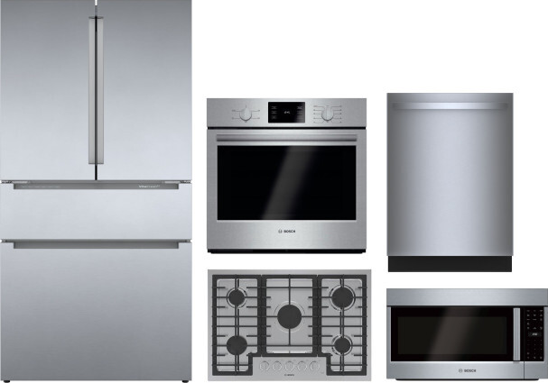 Bosch 800 5 Piece Kitchen Appliances Package with French Door Refrigerator, Dishwasher and Over the Range Microwave in Stainless Steel BORECTWODWMW837
