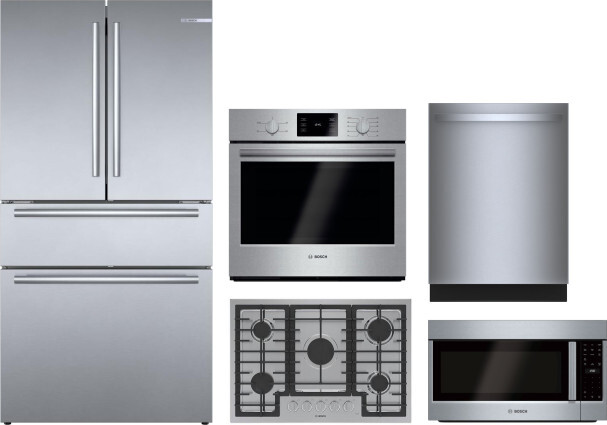Bosch 800 5 Piece Kitchen Appliances Package with French Door Refrigerator, Dishwasher and Over the Range Microwave in Stainless Steel BORECTWODWMW839