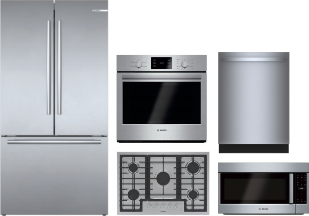 Bosch 800 5 Piece Kitchen Appliances Package with French Door Refrigerator, Dishwasher and Over the Range Microwave in Stainless Steel BORECTWODWMW841