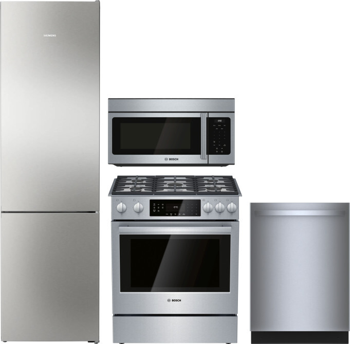 Bosch 800 4 Piece Kitchen Appliances Package with Bottom Freezer Refrigerator, Gas Range, Dishwasher and Over the Range Microwave in Stainless Steel B