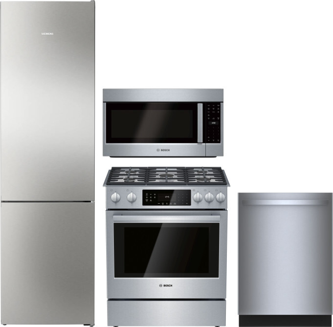 Bosch 800 4 Piece Kitchen Appliances Package with Bottom Freezer Refrigerator, Gas Range, Dishwasher and Over the Range Microwave in Stainless Steel B