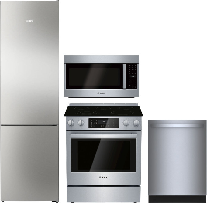 Bosch 500 4 Piece Kitchen Appliances Package with Bottom Freezer Refrigerator, Electric Range, Dishwasher and Over the Range Microwave in Stainless St