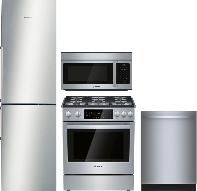 Bosch 500 4 Piece Kitchen Appliances Package with Bottom Freezer Refrigerator, Gas Range, Dishwasher and Over the Range Microwave in Stainless Steel B