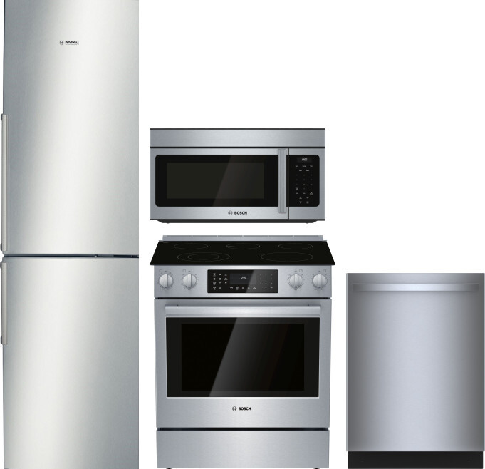 Bosch 500 4 Piece Kitchen Appliances Package with Bottom Freezer Refrigerator, Electric Range, Dishwasher and Over the Range Microwave in Stainless St