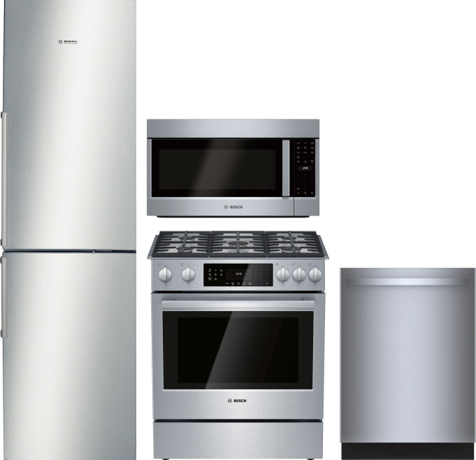 Bosch 500 4 Piece Kitchen Appliances Package with Bottom Freezer Refrigerator, Gas Range, Dishwasher and Over the Range Microwave in Stainless Steel B