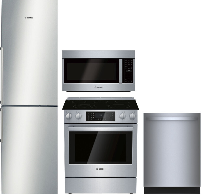 Bosch 500 4 Piece Kitchen Appliances Package with Bottom Freezer Refrigerator, Electric Range, Dishwasher and Over the Range Microwave in Stainless St