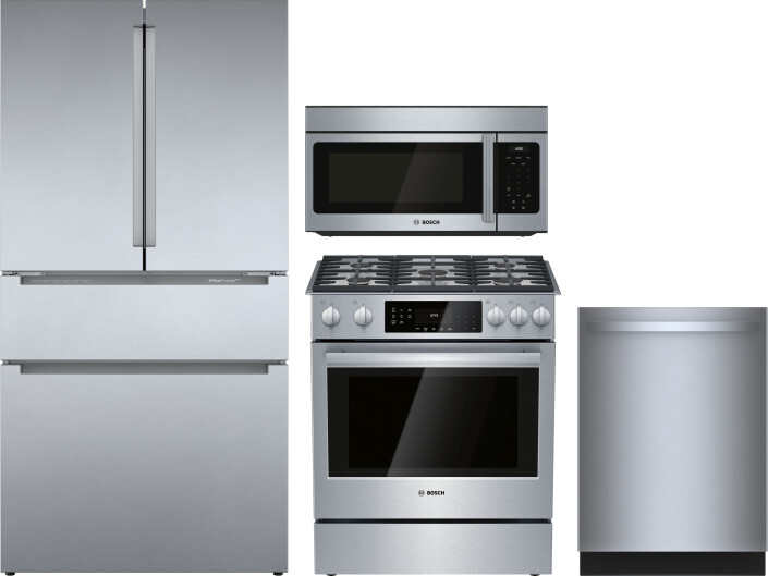 Bosch 800 4 Piece Kitchen Appliances Package with French Door Refrigerator, Gas Range, Over the Range Microwave and Dishwasher in Stainless Steel BORE