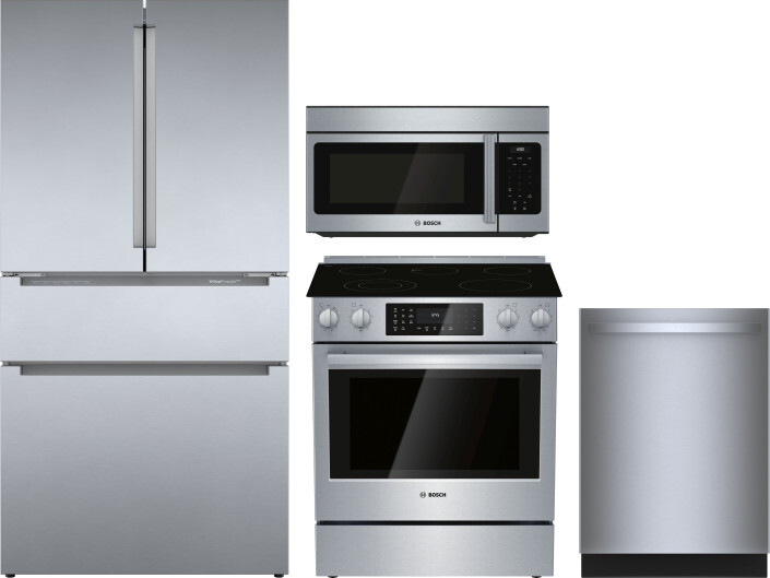 Bosch 800 4 Piece Kitchen Appliances Package with French Door Refrigerator, Electric Range, Over the Range Microwave and Dishwasher in Stainless Steel