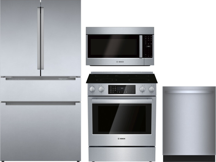 Bosch 800 4 Piece Kitchen Appliances Package with French Door Refrigerator, Electric Range, Over the Range Microwave and Dishwasher in Stainless Steel
