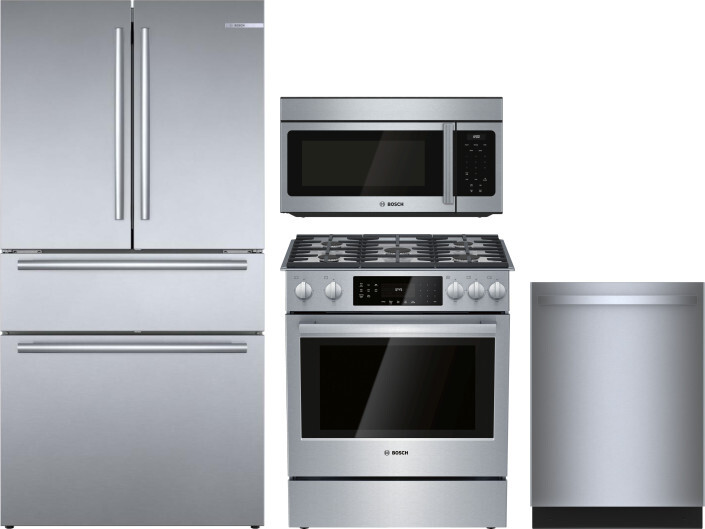 Bosch 800 4 Piece Kitchen Appliances Package with French Door Refrigerator, Gas Range, Over the Range Microwave and Dishwasher in Stainless Steel BORE