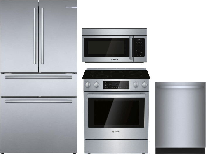 Bosch 800 4 Piece Kitchen Appliances Package with French Door Refrigerator, Electric Range, Over the Range Microwave and Dishwasher in Stainless Steel