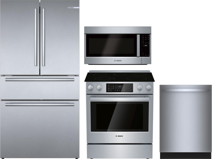 Bosch 800 4 Piece Kitchen Appliances Package with French Door Refrigerator, Electric Range, Over the Range Microwave and Dishwasher in Stainless Steel