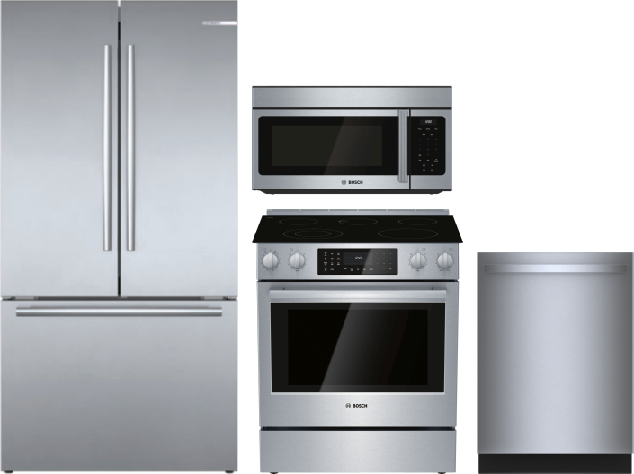 Bosch 800 4 Piece Kitchen Appliances Package with French Door Refrigerator, Electric Range, Over the Range Microwave and Dishwasher in Stainless Steel