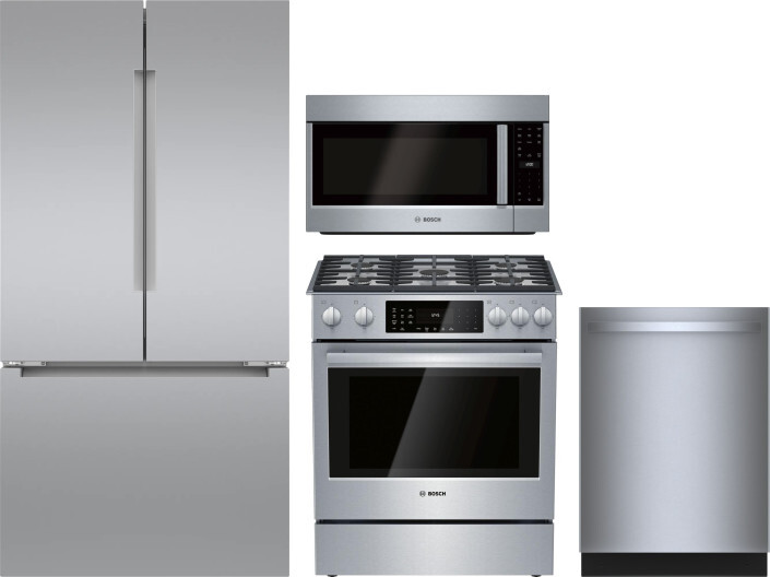 Bosch 4 Piece Kitchen Appliances Package with French Door Refrigerator, Dual Fuel Range, Dishwasher and Over the Range Microwave in Stainless Steel BO