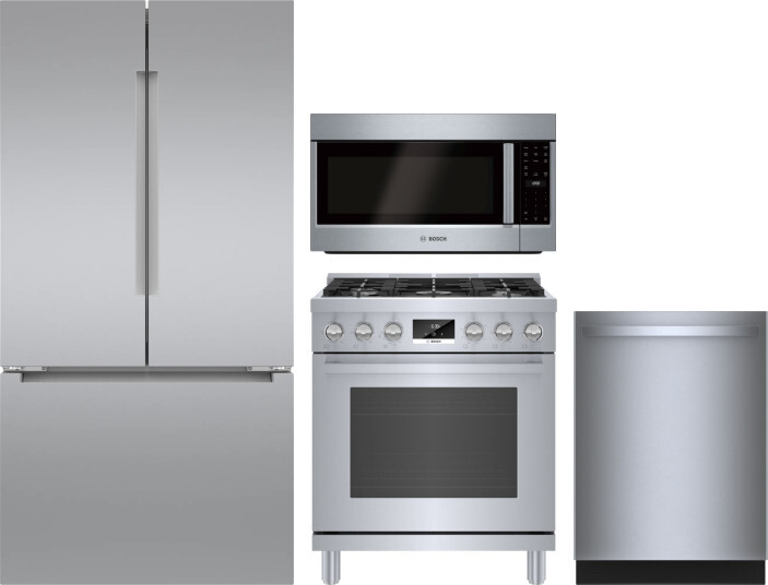 Bosch 4 Piece Kitchen Appliances Package with French Door Refrigerator, Gas Range, Dishwasher and Over the Range Microwave in Stainless Steel BORERADW