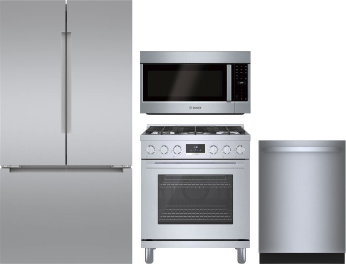 Bosch 4 Piece Kitchen Appliances Package with French Door Refrigerator, Dual Fuel Range, Dishwasher and Over the Range Microwave in Stainless Steel BO