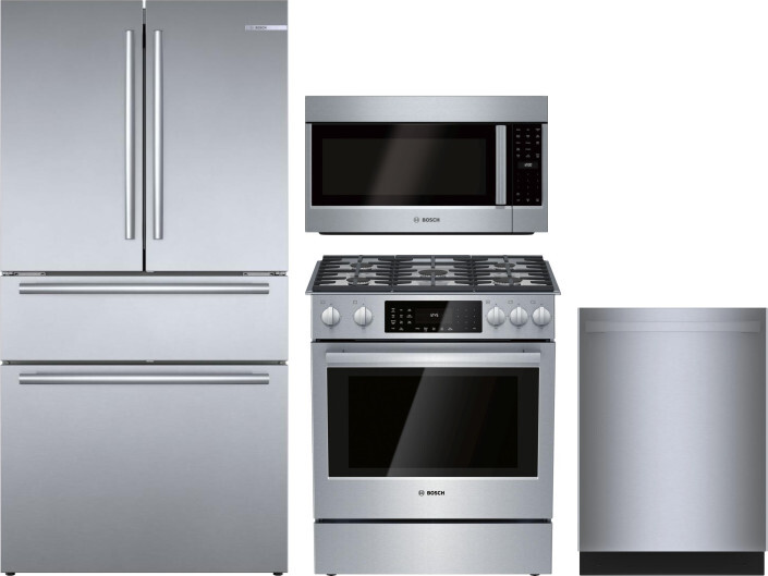 Bosch 800 4 Piece Kitchen Appliances Package with French Door Refrigerator, Dual Fuel Range, Dishwasher and Over the Range Microwave in Stainless Stee