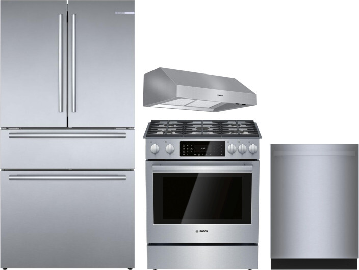 Bosch 800 4 Piece Kitchen Appliances Package with French Door Refrigerator, Dual Fuel Range and Dishwasher in Stainless Steel BORERARHDW96