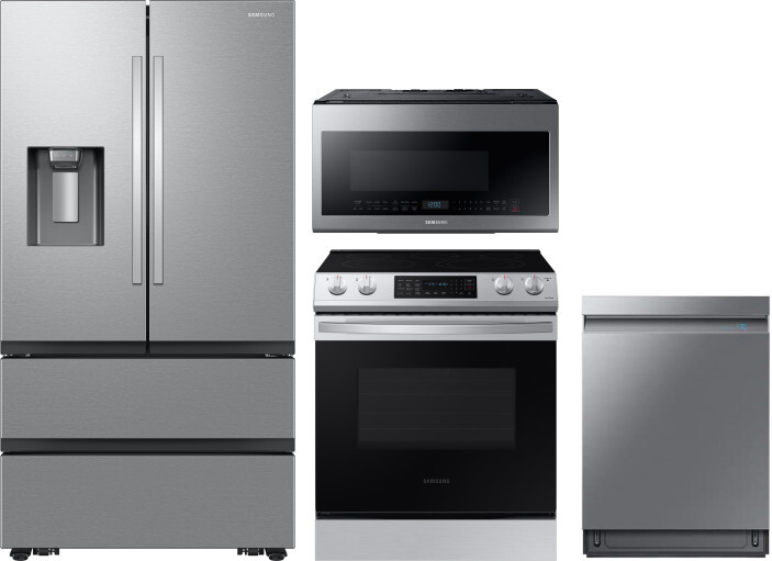 Samsung 4 Piece Kitchen Appliances Package with French Door Refrigerator, Electric Range, Dishwasher and Over the Range Microwave in Stainless Steel S