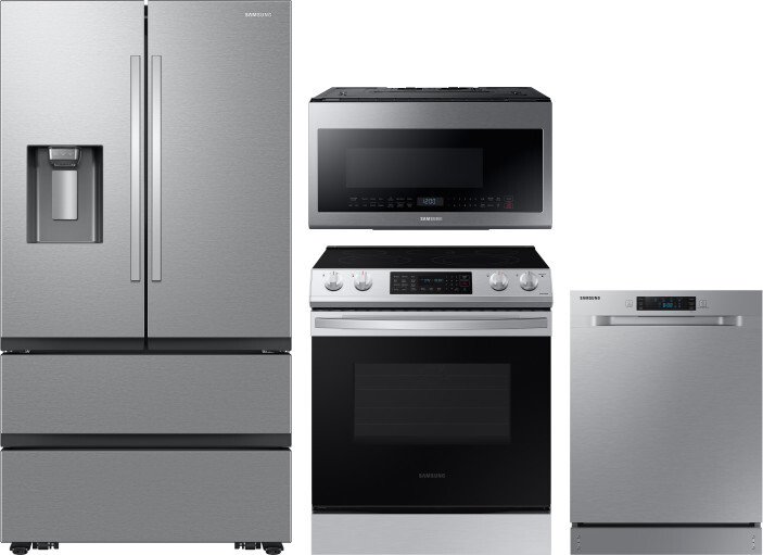 Samsung 4 Piece Kitchen Appliances Package with French Door Refrigerator, Electric Range, Dishwasher and Over the Range Microwave in Stainless Steel S