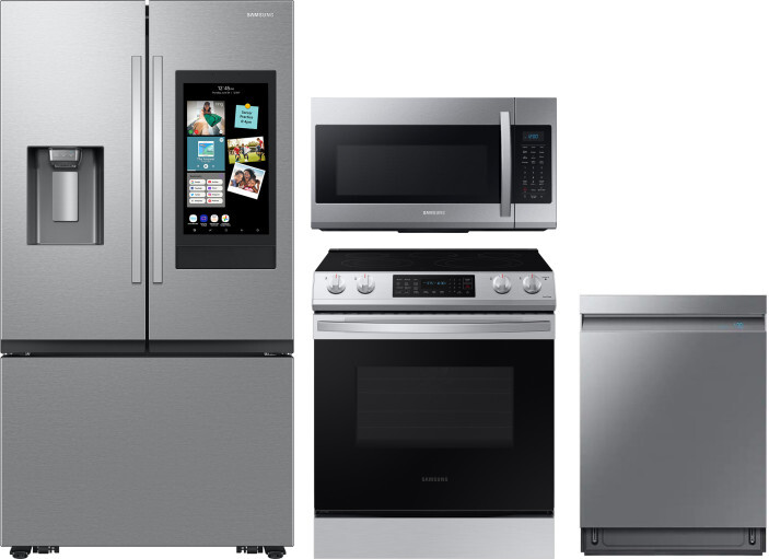 Samsung 4 Piece Kitchen Appliances Package with French Door Refrigerator, Electric Range, Dishwasher and Over the Range Microwave in Fingerprint Resis