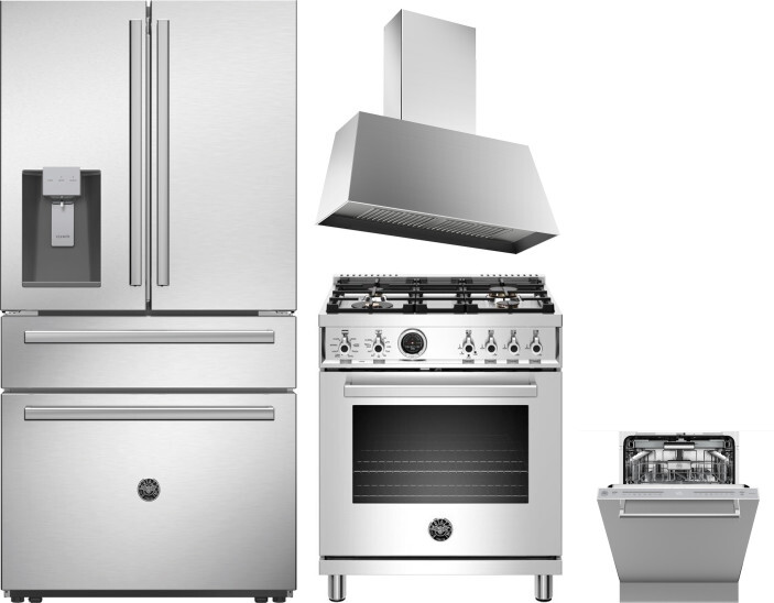 Bertazzoni 4 Piece Kitchen Appliances Package with French Door Refrigerator, Dual Fuel Range and Dishwasher in Stainless Steel BERERADWRH1070