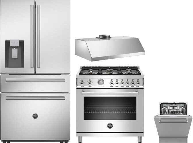 Bertazzoni 4 Piece Kitchen Appliances Package with French Door Refrigerator, Gas Range and Dishwasher in Stainless Steel BERERADWRH1072