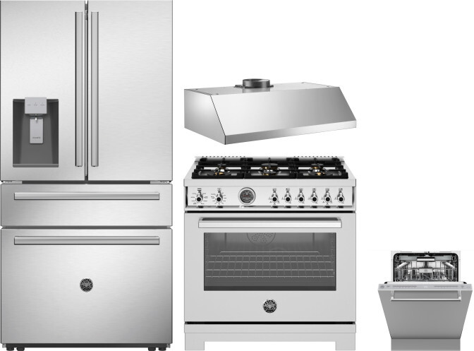 Bertazzoni 4 Piece Kitchen Appliances Package with French Door Refrigerator, Dual Fuel Range and Dishwasher in Stainless Steel BERERADWRH1075