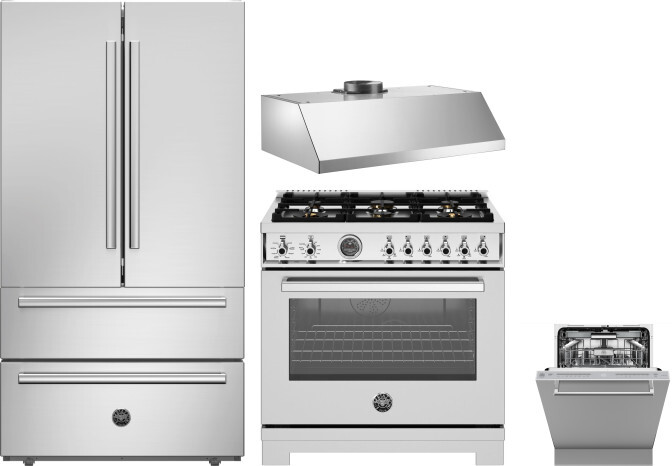 Bertazzoni 4 Piece Kitchen Appliances Package with French Door Refrigerator, Dual Fuel Range and Dishwasher in Stainless Steel BERERADWRH1076