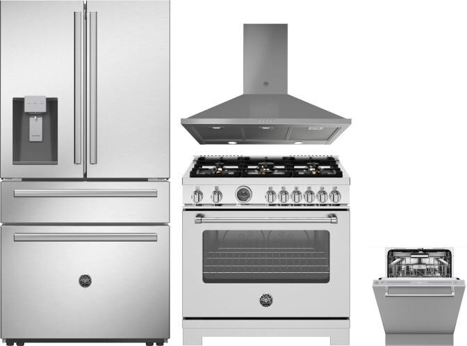 Bertazzoni 4 Piece Kitchen Appliances Package with French Door Refrigerator, Gas Range and Dishwasher in Stainless Steel BERERADWRH1086