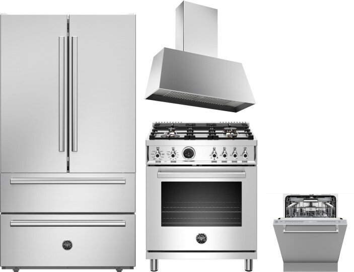 Bertazzoni 4 Piece Kitchen Appliances Package with French Door Refrigerator, Dual Fuel Range and Dishwasher in Stainless Steel BERERADWRH1091