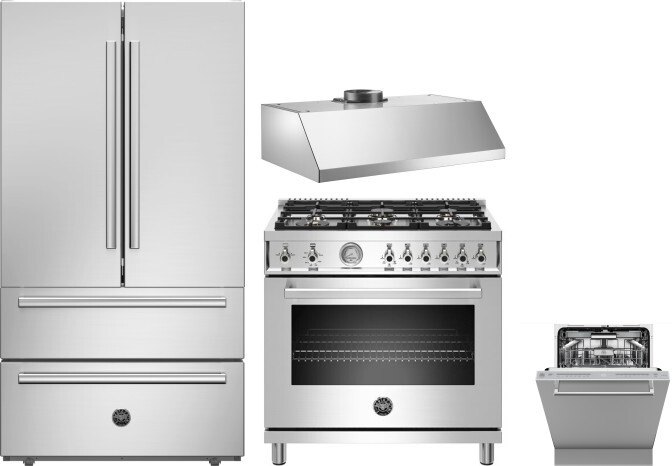 Bertazzoni 4 Piece Kitchen Appliances Package with French Door Refrigerator, Gas Range and Dishwasher in Stainless Steel BERERADWRH1093