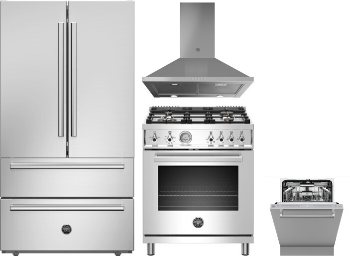 Bertazzoni 4 Piece Kitchen Appliances Package with French Door Refrigerator, Gas Range and Dishwasher in Stainless Steel BERERADWRH1095
