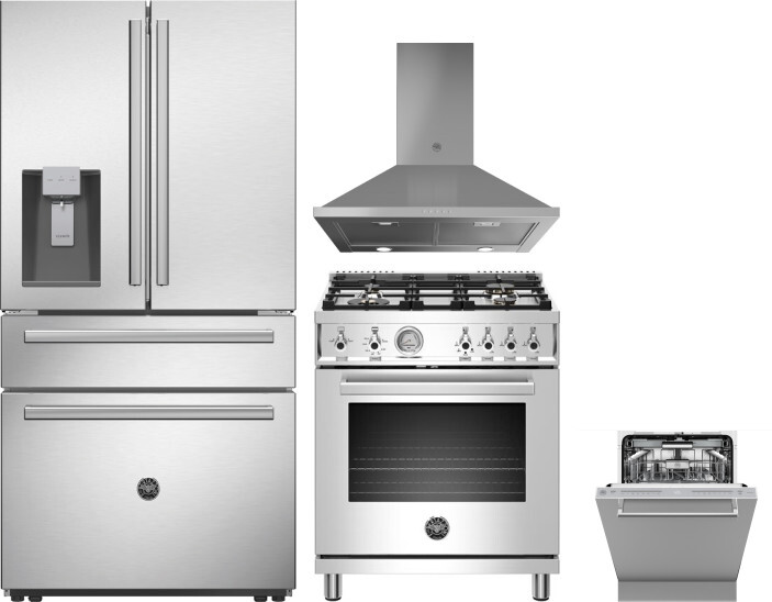 Bertazzoni 4 Piece Kitchen Appliances Package with French Door Refrigerator, Gas Range and Dishwasher in Stainless Steel BERERADWRH1097