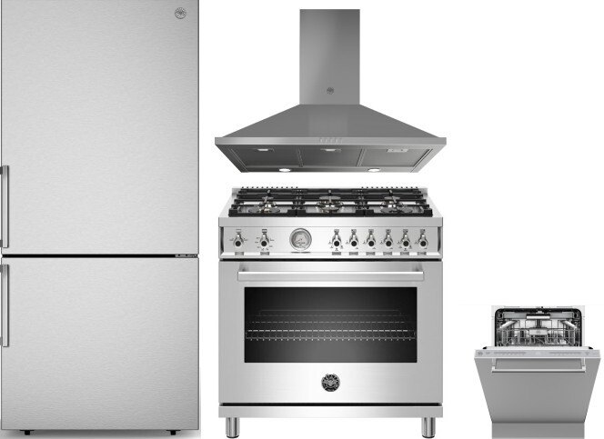 Bertazzoni 4 Piece Kitchen Appliances Package with Bottom Freezer Refrigerator, Gas Range and Dishwasher in Stainless Steel BERERADWRH1107