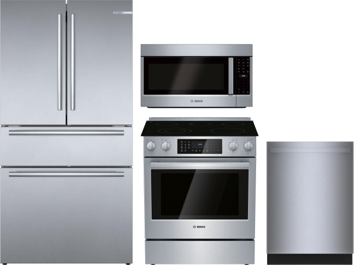 Bosch 800 4 Piece Kitchen Appliances Package with French Door Refrigerator, Electric Range, Dishwasher and Over the Range Microwave in Stainless Steel