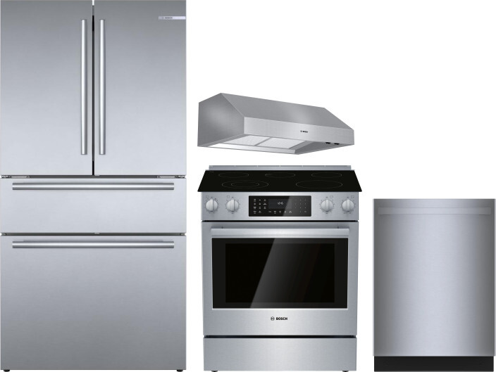 Bosch 800 4 Piece Kitchen Appliances Package with French Door Refrigerator, Electric Range and Dishwasher in Stainless Steel BORERARHDW97