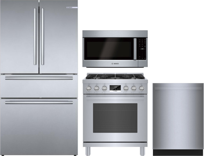 Bosch 800 4 Piece Kitchen Appliances Package with French Door Refrigerator, Gas Range, Dishwasher and Over the Range Microwave in Stainless Steel BORE