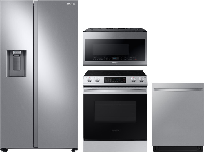 Samsung 4 Piece Kitchen Appliances Package with Side-by-Side Refrigerator, Electric Range, Dishwasher and Over the Range Microwave in Stainless Steel 