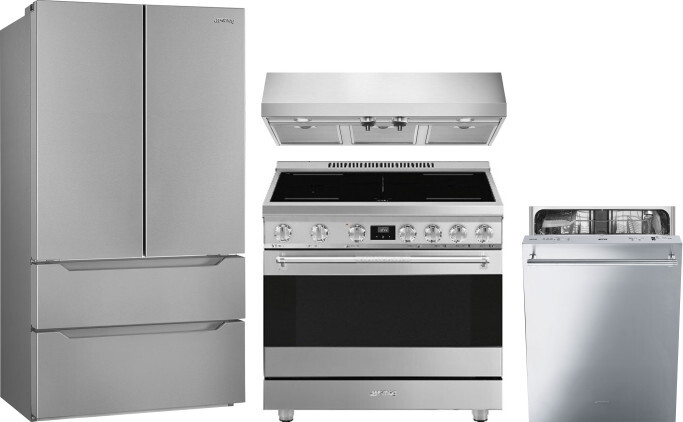 Smeg 4 Piece Kitchen Appliances Package with French Door Refrigerator, Induction Range and Dishwasher in Stainless Steel SMRERADWRH718