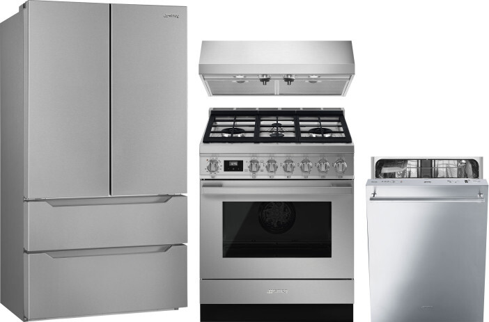 Smeg 4 Piece Kitchen Appliances Package with French Door Refrigerator, Gas Range and Dishwasher in Stainless Steel SMRERADWRH719