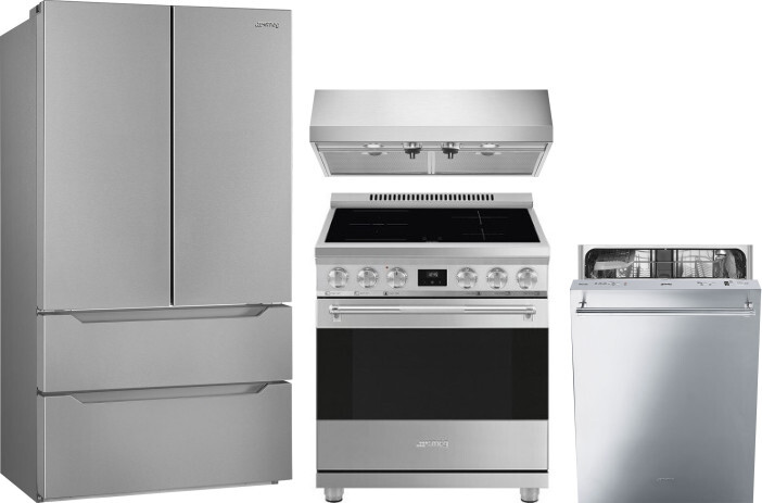 Smeg 4 Piece Kitchen Appliances Package with French Door Refrigerator, Induction Range and Dishwasher in Stainless Steel SMRERADWRH720