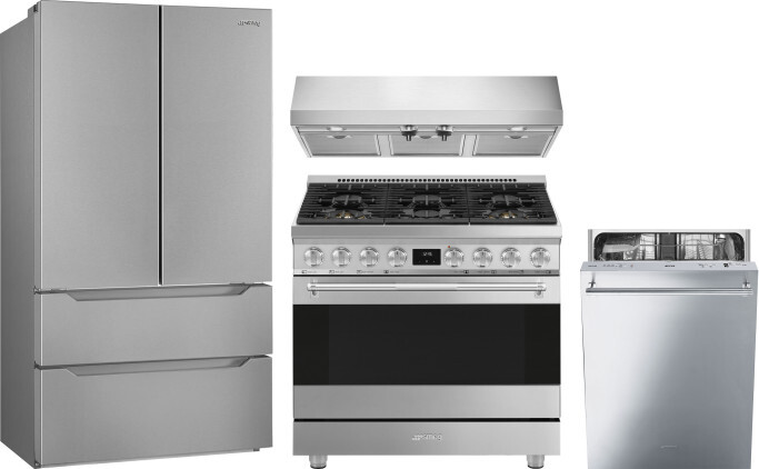 Smeg 4 Piece Kitchen Appliances Package with French Door Refrigerator, Dual Fuel Range and Dishwasher in Stainless Steel SMRERADWRH722