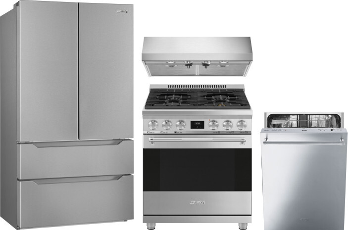 Smeg 4 Piece Kitchen Appliances Package with French Door Refrigerator, Dual Fuel Range and Dishwasher in Stainless Steel SMRERADWRH723