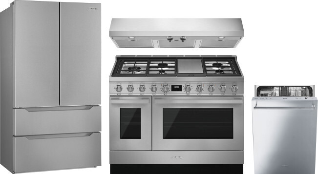 Smeg 4 Piece Kitchen Appliances Package with French Door Refrigerator, Dual Fuel Range and Dishwasher in Stainless Steel SMRERADWRH724