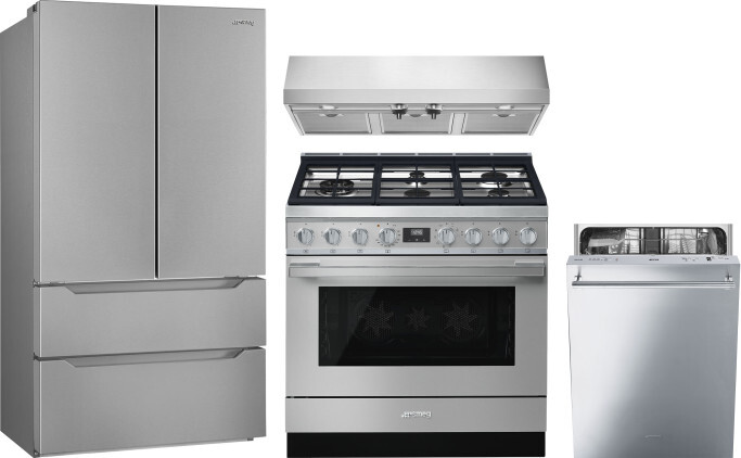 Smeg 4 Piece Kitchen Appliances Package with French Door Refrigerator, Dual Fuel Range and Dishwasher in Stainless Steel SMRERADWRH727
