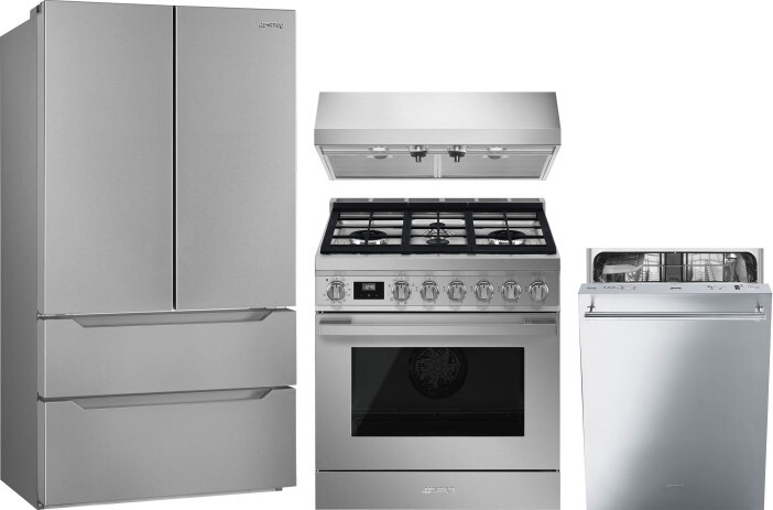 Smeg 4 Piece Kitchen Appliances Package with French Door Refrigerator, Dual Fuel Range and Dishwasher in Stainless Steel SMRERADWRH728