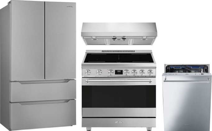 Smeg 4 Piece Kitchen Appliances Package with French Door Refrigerator, Induction Range and Dishwasher in Stainless Steel SMRERADWRH729